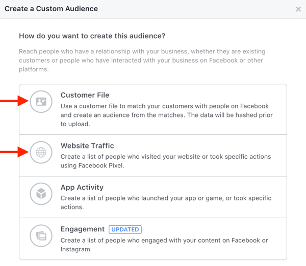 Facebook create custom audiences example