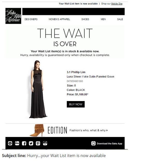 Saks Fifth Avenue back in stock email example