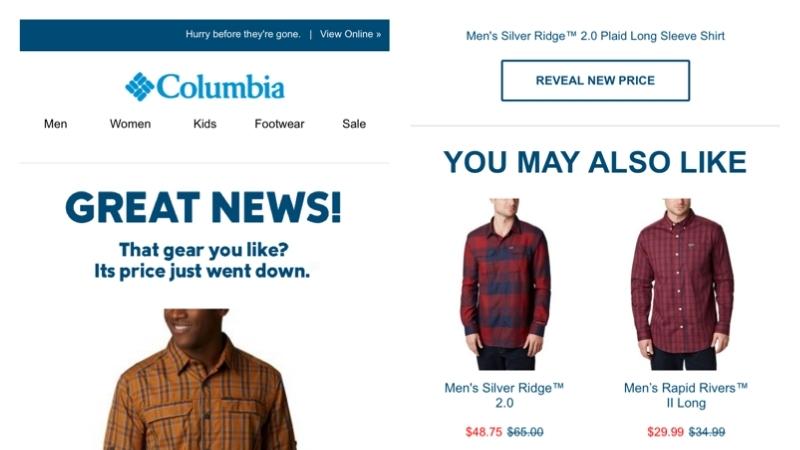 Abandoned cart email from Columbia