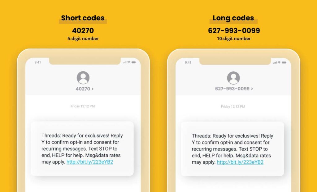Phone mocks illustrating the difference between short and long code in SMS