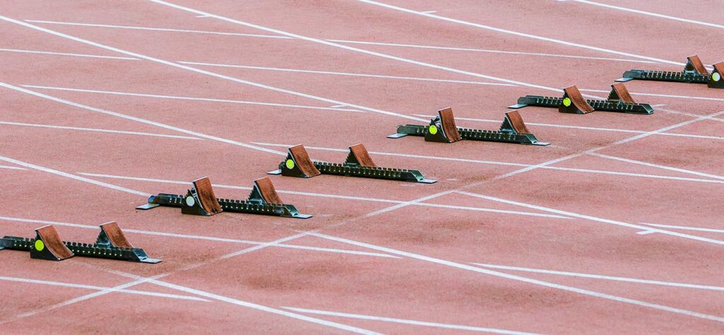 Starting blocks on a track and field track