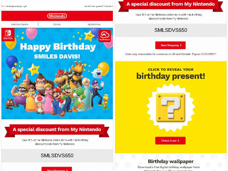 Trigger Email Example - Happy Birthday - Nintendo