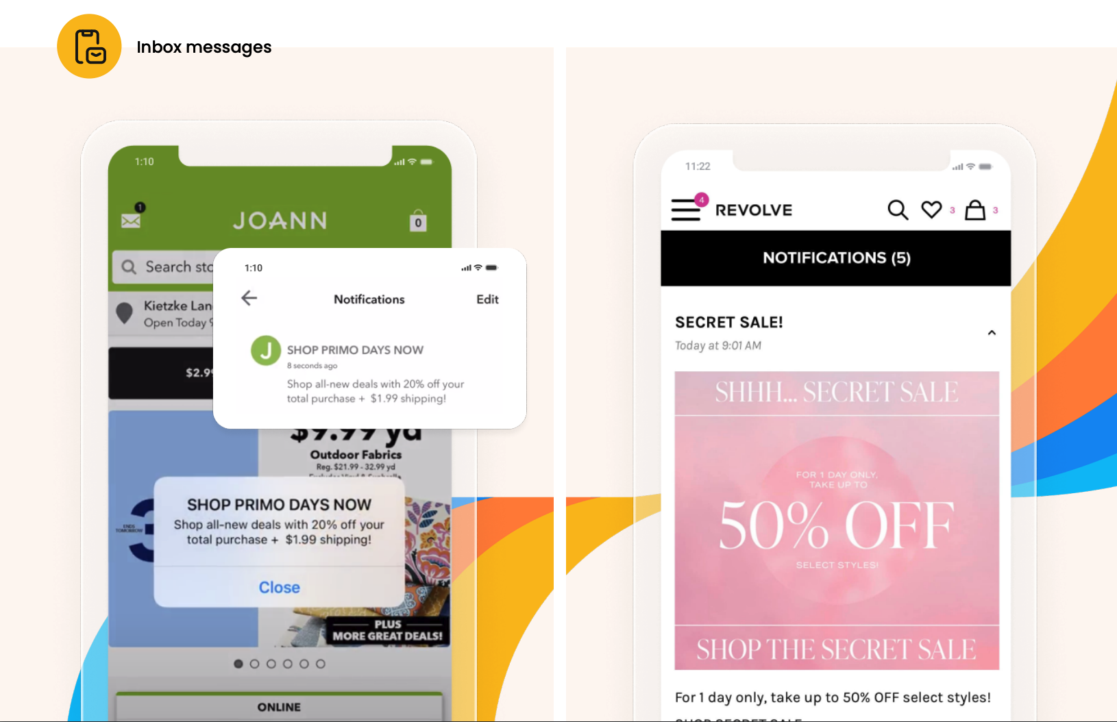 Mobile inbox messaging examples: JOANN and Revolve