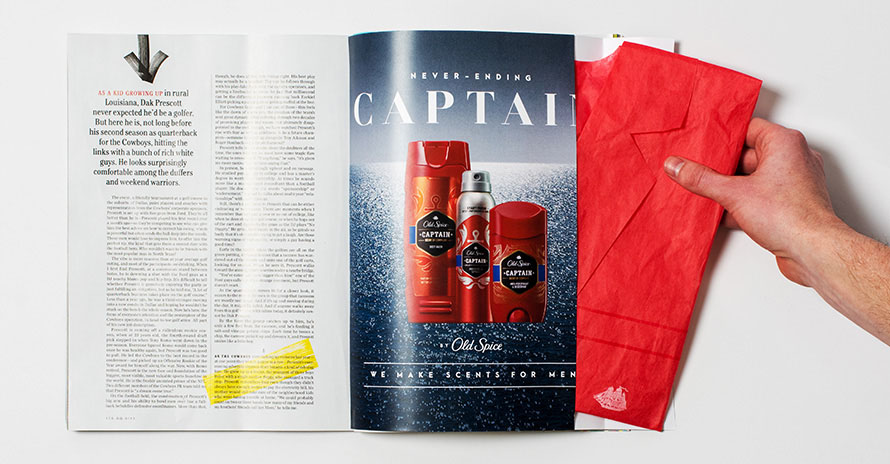 Old Spice punks perfume ads in GQ magazine ad with full pull-out, red paper blazer