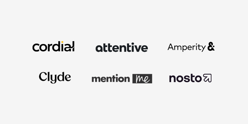 Cordial, attentive, amperity, clyde, mention me, nosto logo lockup